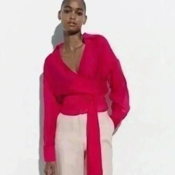 Zara Hot Pink Tie Front Wrap Top Size Small - Picture 3 of 9